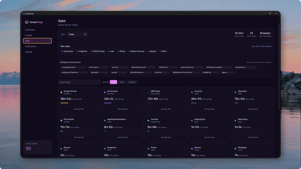 ScreenForge Apps Dashboard displaying per-app usage statistics