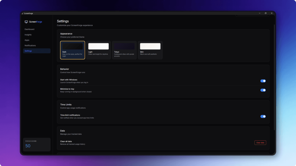 ScreenForge Settings showing theme customization options